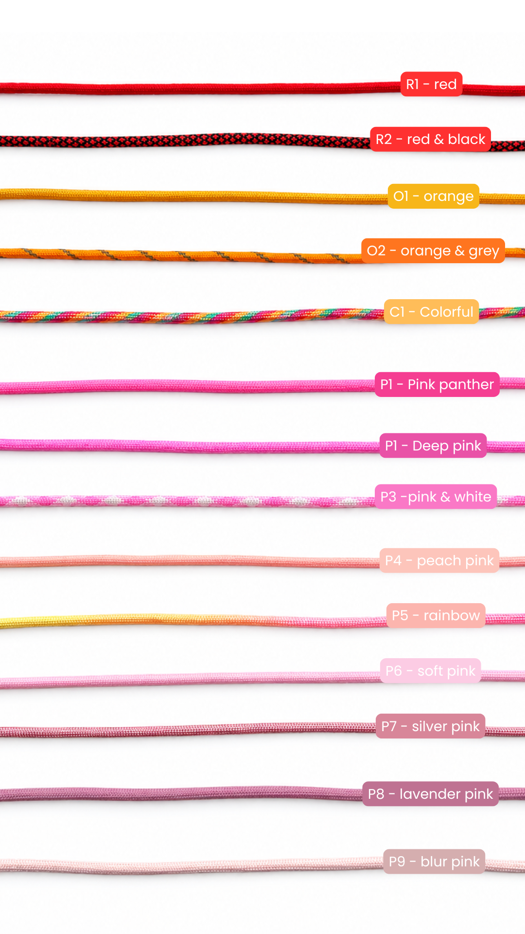 Katalog kolorów sznurków Surfcraftstories: czerwienie, pomarańcze i odcienie różu