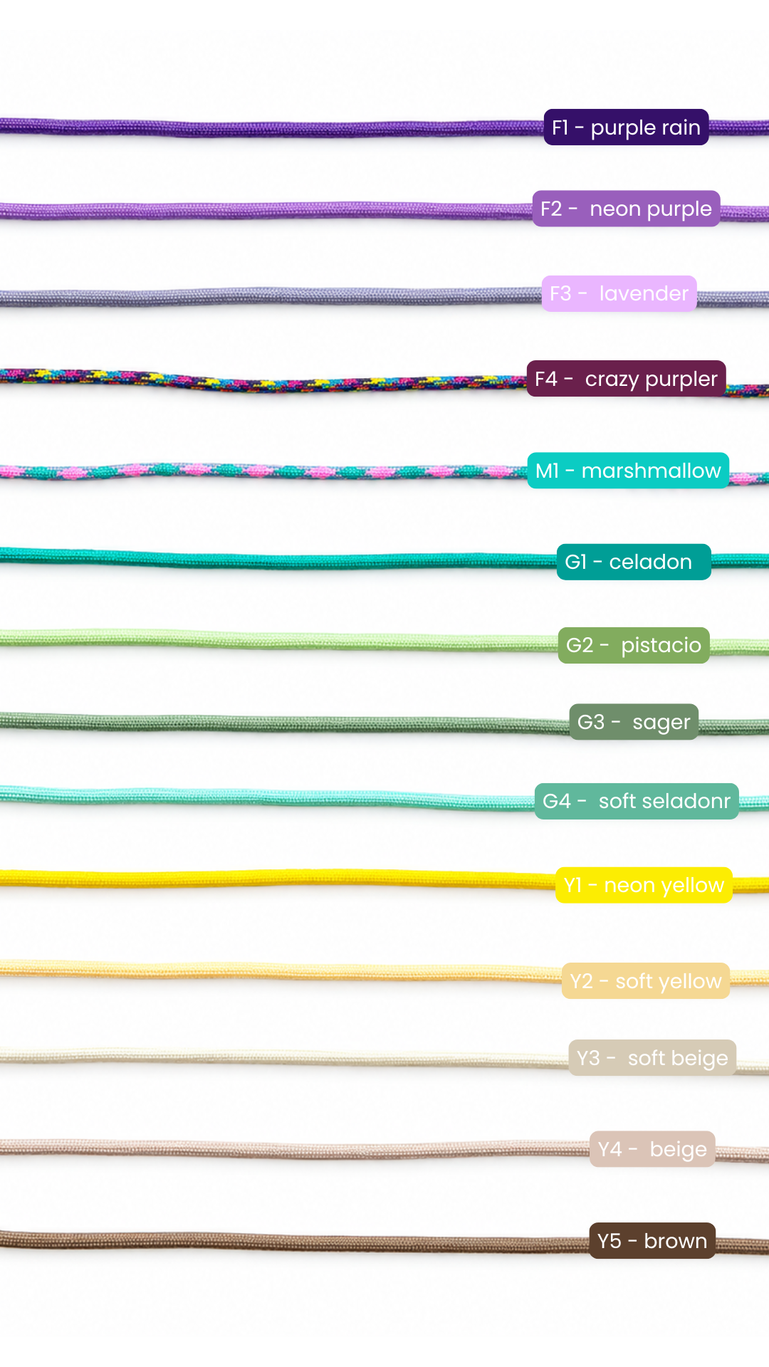 Katalog kolorów sznurków Surfcraftstories: fiolety, zielenie, żółcie i beże